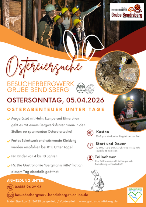 A flyer for the Easter egg hunt at the visitor mine Grube Bendisberg. It provides information about the event, participation requirements, and necessary equipment.