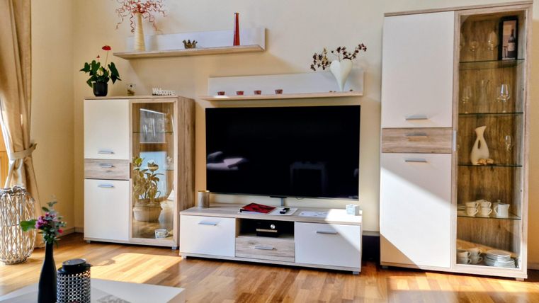 Een lichte woonkamer met een houten vloer en een grote televisie. De meubels zijn modern en goed georganiseerd, met planten en decoraties op de planken.