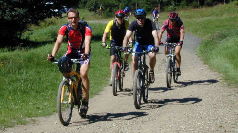 Group of mountain bikers on a gravel path in the countryside.
