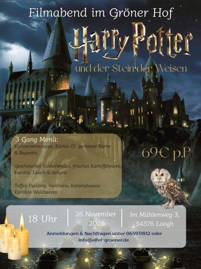 A flyer for a movie night in the Green Courtyard featuring the film "Harry Potter and the Philosopher's Stone." The event offers a 3-course menu and takes place on November 26, 2022.
