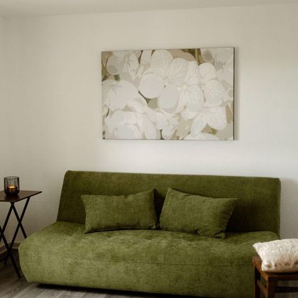 A cozy living/sleeping area with an olive green sofa and a flower picture on the wall. On the floor is a woven rug, and a small side table stands beside it.