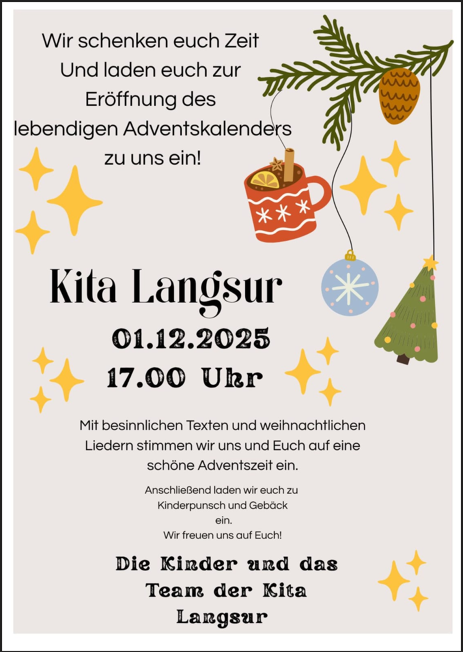Een uitnodiging voor de opening van een levendige adventskalender in de Kita Langsur. Het evenement vindt plaats op 01.12.2025 om 17 uur en biedt bezinnende teksten en kerstliederen.