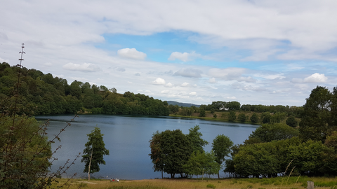 Un lac tranquille entouré d'arbres et de douces collines. Le ciel est partiellement nuageux et le paysage semble paisible.