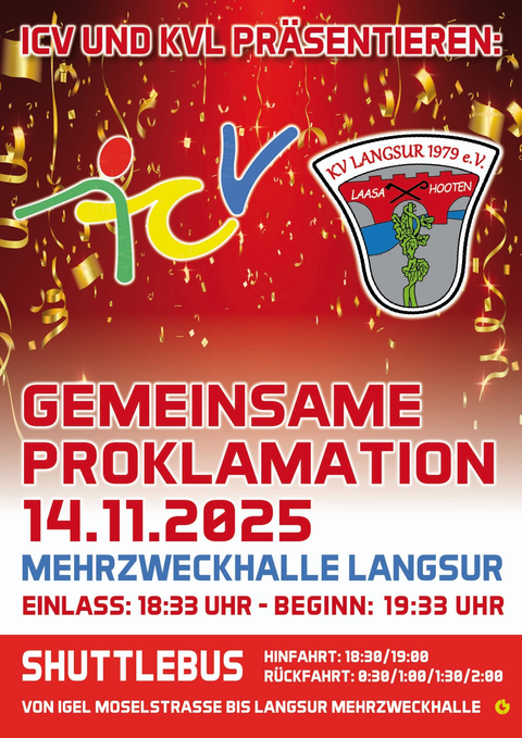 Eine Anzeige für die gemeinsame Proklamation am 14. November 2025. Sie enthält Informationen zur Veranstaltung, einschließlich Eintrittszeiten und Shuttlebusdiensten.