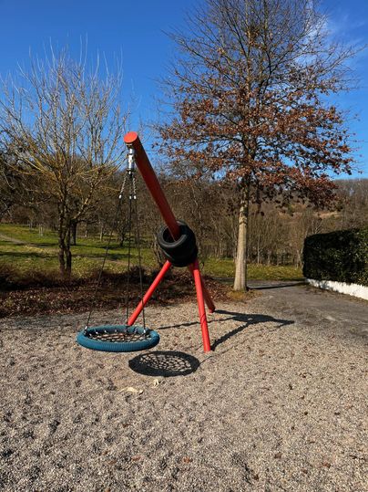 Een schommel situatie op een speeltuin met een grote, ronde band. Op de achtergrond zijn bomen en een heldere blauwe lucht te zien.