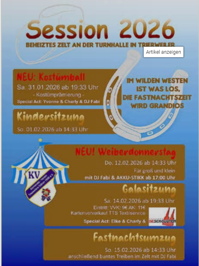 Een kleurrijke evenementenposter voor de sessie 2025 in Trierweiler. Het vermeldt verschillende evenementen zoals een dansfeest, kindermiddag en gala-avond.