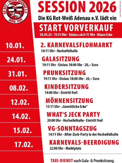 An event calendar for the session 2026. It displays various events of the KG Rot-Weiß Adenau e.V. with date, time, and venue.