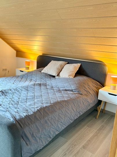 A cozy bedroom with a large bed and two nightstands. There is soft lighting and a modern look.