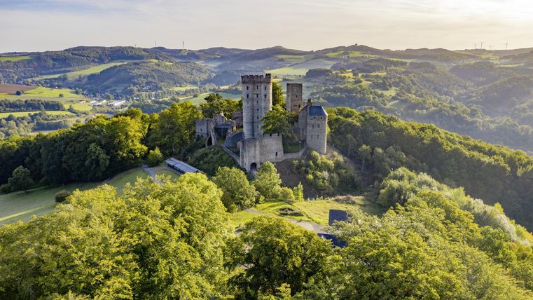 Luftaufnahme der Burg Kasselburg umgeben von grünen Wäldern und Hügeln.