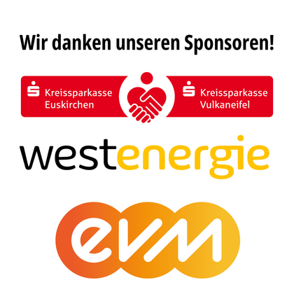 Tekst "Wij danken onze sponsoren!" met de bedrijfslogo's van de Kreissparkasse Euskirchen en Kreissparkasse Vulkaneifel, Westenergie AG en Energieversorgung Mittelrhein AG.