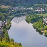 Een rustige rivierlandschap met groene oevers en een passerende boot. Op de achtergrond zijn zachte heuvels en kleine woonwijken te zien.