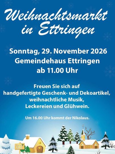 A Christmas market in Ettlingen will take place on Sunday, December 1, 2024, at the community center. Look forward to handcrafted gifts, Christmas music, and mulled wine.