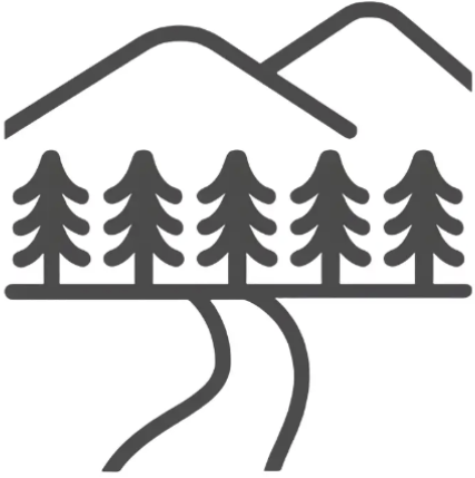 Ein minimalistisches Design mit Bergen und hohen Bäumen. Ein Weg schlängelt sich durch die Landschaft.