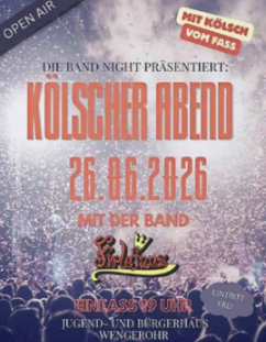 Een levendige gebeurtenis met kleurrijke lichten en een energieke sfeer. De Rouhrer Band Night vindt plaats op 27 juni in het Jeugd- en Burgerhuis Wengerohr.