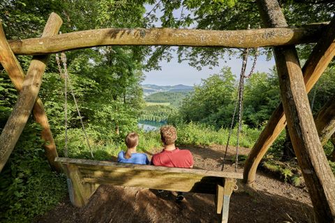 Une balançoire dans la forêt avec vue sur un paysage pittoresque. Deux personnes sont assises côte à côte et profitent de la vue.