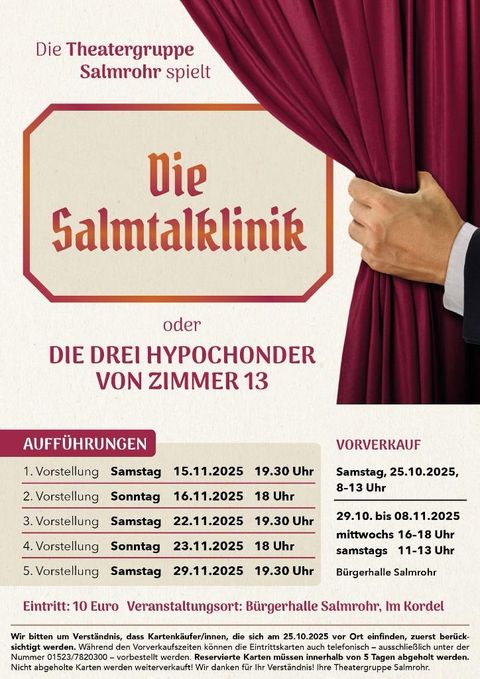 Een poster van het theatergezelschap Salmrohr voor de voorstelling "De Salmtalkliniek". Het bevat informatie over data, voorverkoop en toegangsprijzen.