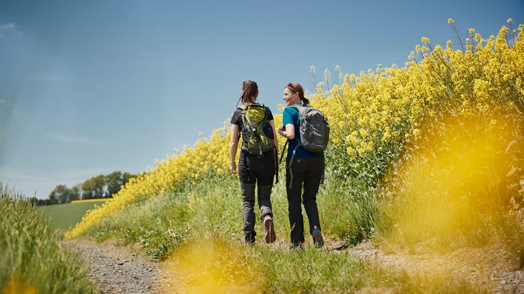 Deux femmes se promènent le long d'un champ de colza en fleurs. 