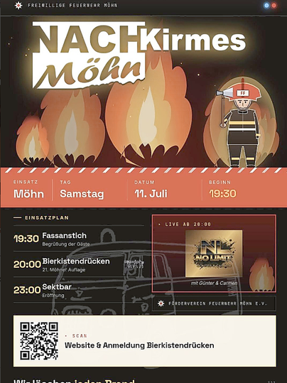 Eine Veranstaltungseinladung mit dem Titel „Nachtkirmes Möhn“. Es werden verschiedene Aktivitäten aufgeführt, darunter Fassanstich und Bierkendrücken.