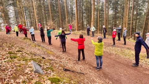 Ein älterer Mann joggt auf einem Kiesweg in einem grünen Park. Im Hintergrund sind Bäume und Sträucher zu sehen.