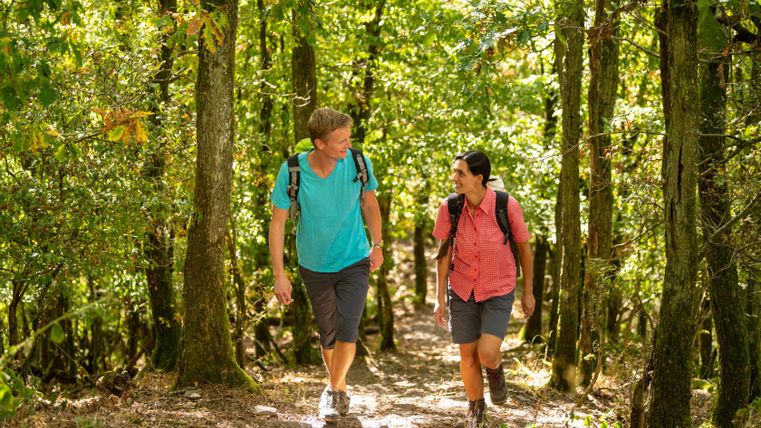 Two people are walking along a forest path surrounded by green trees.
