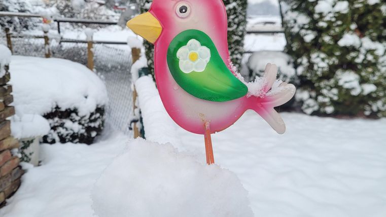 Ein buntes Vogel-Dekorationsstück steht auf einem Pfosten, während Schnee die Umgebung bedeckt. Die Szene vermittelt einen winterlichen Eindruck mit viel Weiß.
