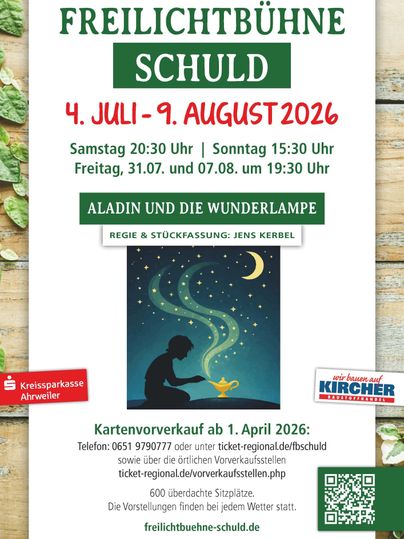Een poster voor het openluchttheater Schuld, die adverteert voor de voorstelling van "Aladin en de Wonderlamp". Het evenement vindt plaats van 4 juli tot 9 augustus 2026.