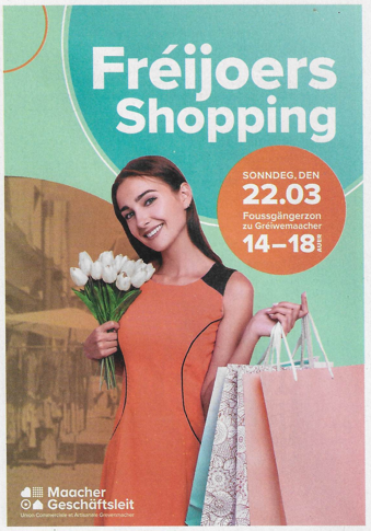 A woman holds a bouquet and smiles while carrying shopping bags. The background is colorful and the event "Fréijoers Shopping" is being advertised.