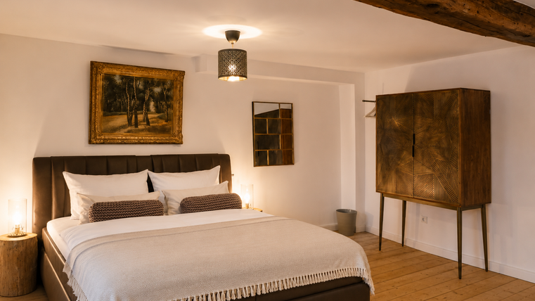 Een moderne slaapkamer met een groot bed en stijlvolle meubels. Aan de muur hangt een kunstwerk, en de kamer is licht en uitnodigend ingericht.