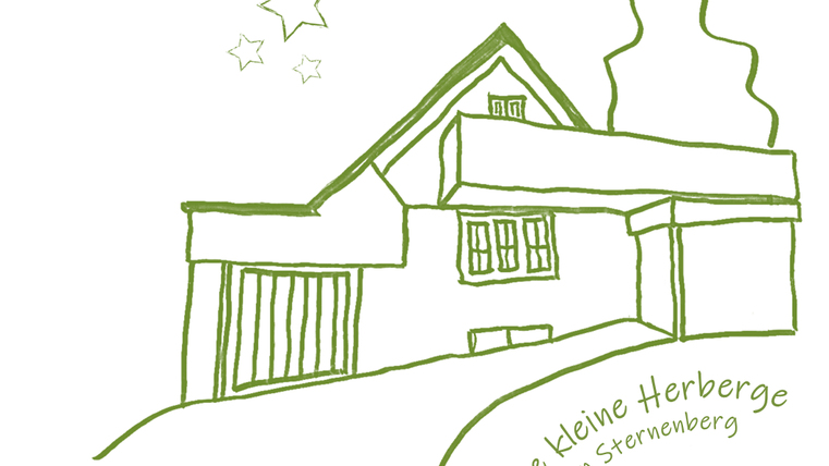 Une représentation simple et esquissée d'une maison avec un jardin. En dessous, le texte : "La petite auberge au Sternenberg".