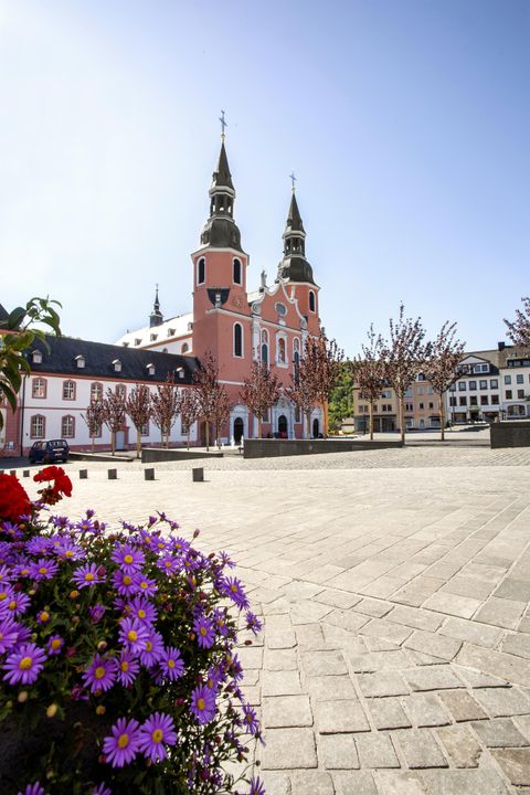 Ein schönes Gebäude mit zwei Türmen und einer bunten Fassade steht in einer ruhigen Stadt. Im Vordergrund blühen violette Blumen auf dem Platz.
