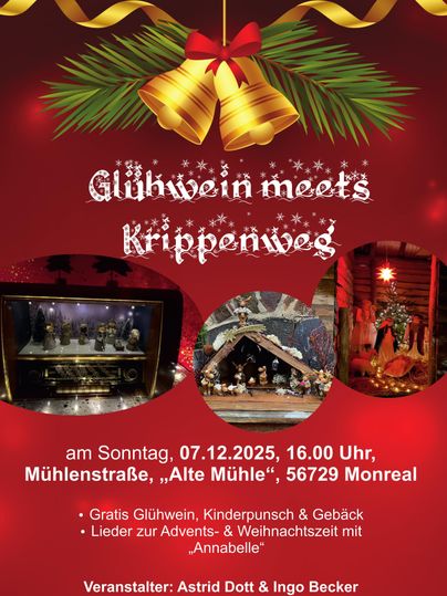 A poster for an event titled "Glühwein meets Krippenweg". It displays details about the date, time, and location, as well as information about free drinks and musical contributions.