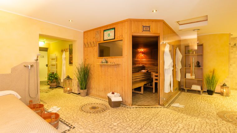 Een ontspannende wellnessruimte met een houten sauna en gezellige inrichting. Groene planten en zachte verlichting creëren een rustgevende sfeer.