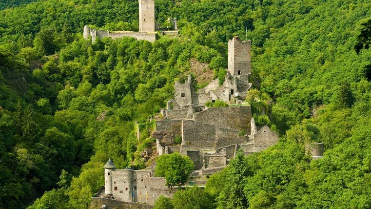 Eine alte Burgruine, umgeben von dichtem, grünem Wald. Im Hintergrund sind weitere Burgreste zu sehen, die sanft in die Landschaft eingegliedert sind.