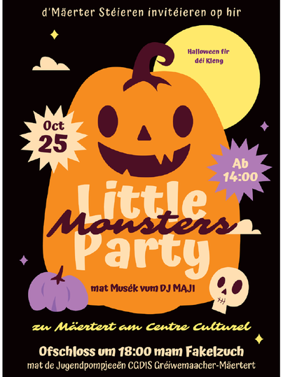 An inviting poster for a Halloween party featuring a large, smiling pumpkin and colorful graphics. The event takes place on October 25th at the Centre Culturel, with music by DJ MAJI.