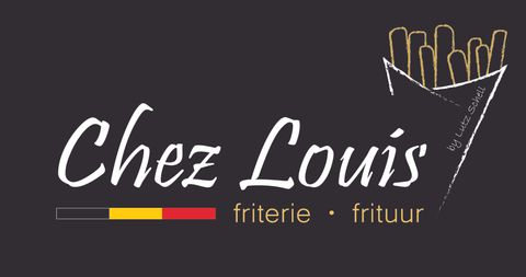 Un logo pour "Chez Louis", une friterie. Il montre des frites et utilise les couleurs du drapeau belge.
