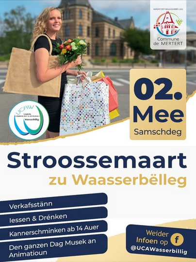 Eine Frau trägt Einkauftüten und steht vor einem schönen Gebäude. Der Text informiert über den Stroossemaart in Waasserbëllig.