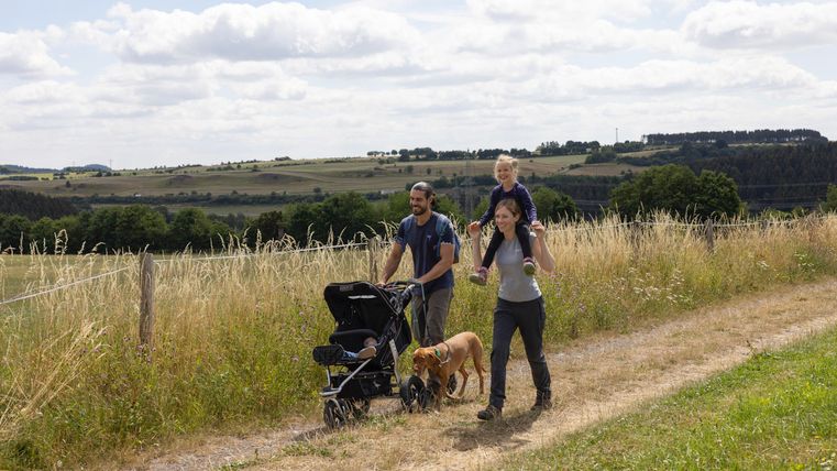 Eine Familie macht einen Spaziergang auf einem Feldweg. Sie haben einen Kinderwagen und einen Hund dabei und genießen die Natur.