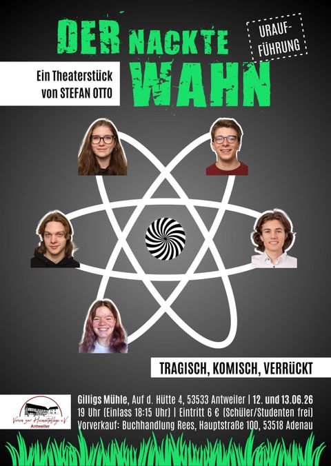 A poster for the world premiere of the play "The Naked Madness" by Stefan Otto. It features several actors and a graphic representation revolving around an atomic structure.