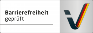 Een logo met de tekst "Toegankelijkheid gecontroleerd". Het toont het symbool voor gecontroleerde toegankelijkheid in Duitsland.
