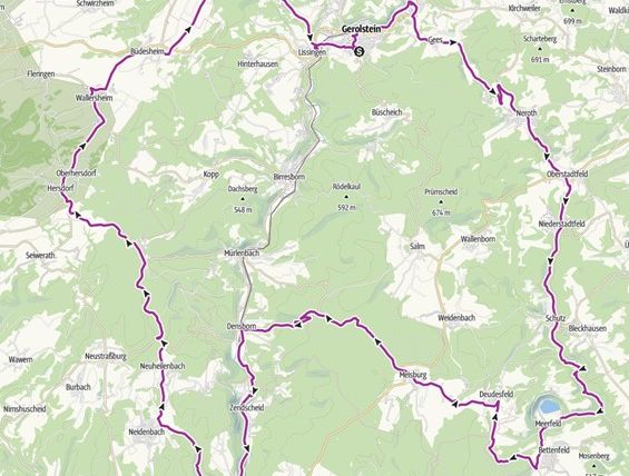 Map with a marked route around Gerolstein in Germany.