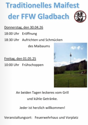 A poster for the traditional Maifest of the FFW Gladbach. It showcases the event date, the activities, and warmly welcomes everyone.