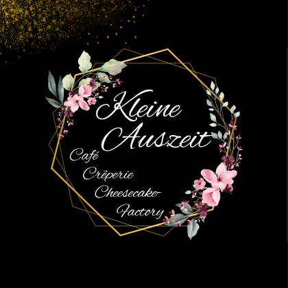 An elegant logo for a café named "Kleine Auszeit". It features floral elements on a black background with golden accents.