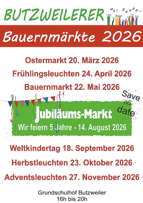 Een poster voor de Butzweiler boerenmarkten 2026. Het toont verschillende data voor markten en evenementen in het jaar 2026.