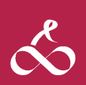 Logo featuring a stylized infinity symbol and a ribbon on a red background.