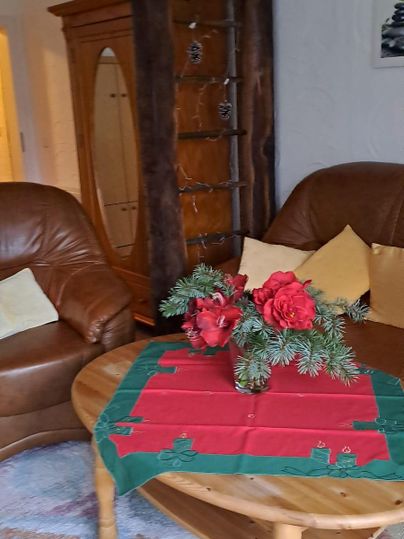 A cozy living room with two brown leather armchairs and a round table. On the table is a festive tablecloth with red and green accents as well as Christmas decorations.