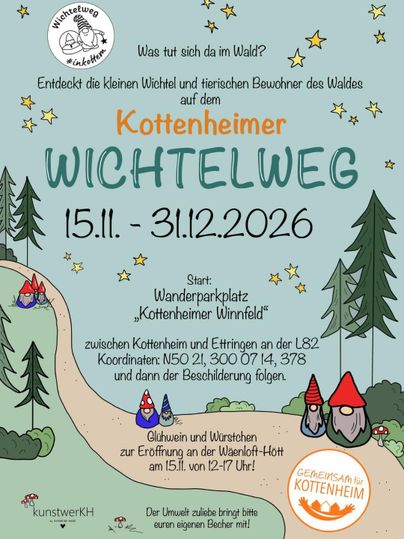 Ein Plakat für den Kottenheimer Wichtelweg mit Informationen zu Terminen und Veranstaltungsort. Es zeigt einen Wald mit Wichteln und eine Einladung zu Glühwein und Würstchen.