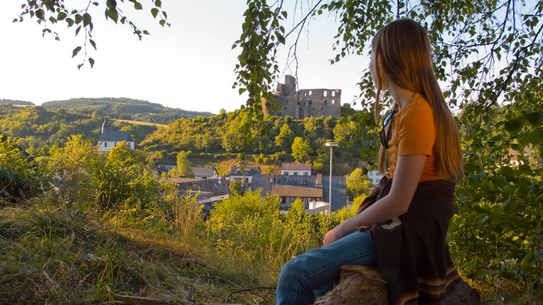 Une personne est assise sur un tronc d'arbre et regarde les ruines d'un château au loin.