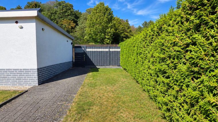 A well-maintained garden path next to a tall green hedge fence. In the background, you can see a bright building and a blue sky.