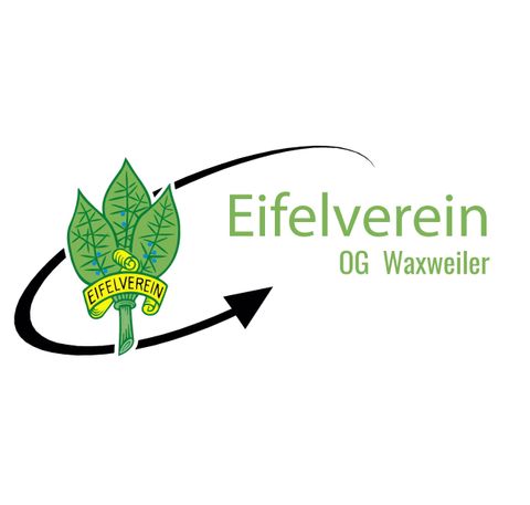Logo des Eifelvereins OG Waxweiler mit stilisierten Blättern und einem schwarzen Pfeil. Der Vereinsname ist in grüner Schrift dargestellt.