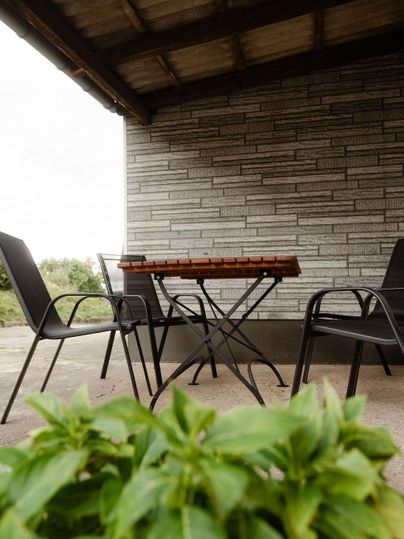 Terrasse avec une table et cinq chaises, sous un toit. Au premier plan, on peut voir des plantes vertes.